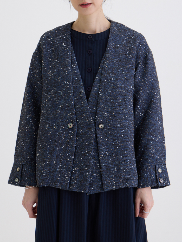 雙城大V領外套-花紗藍