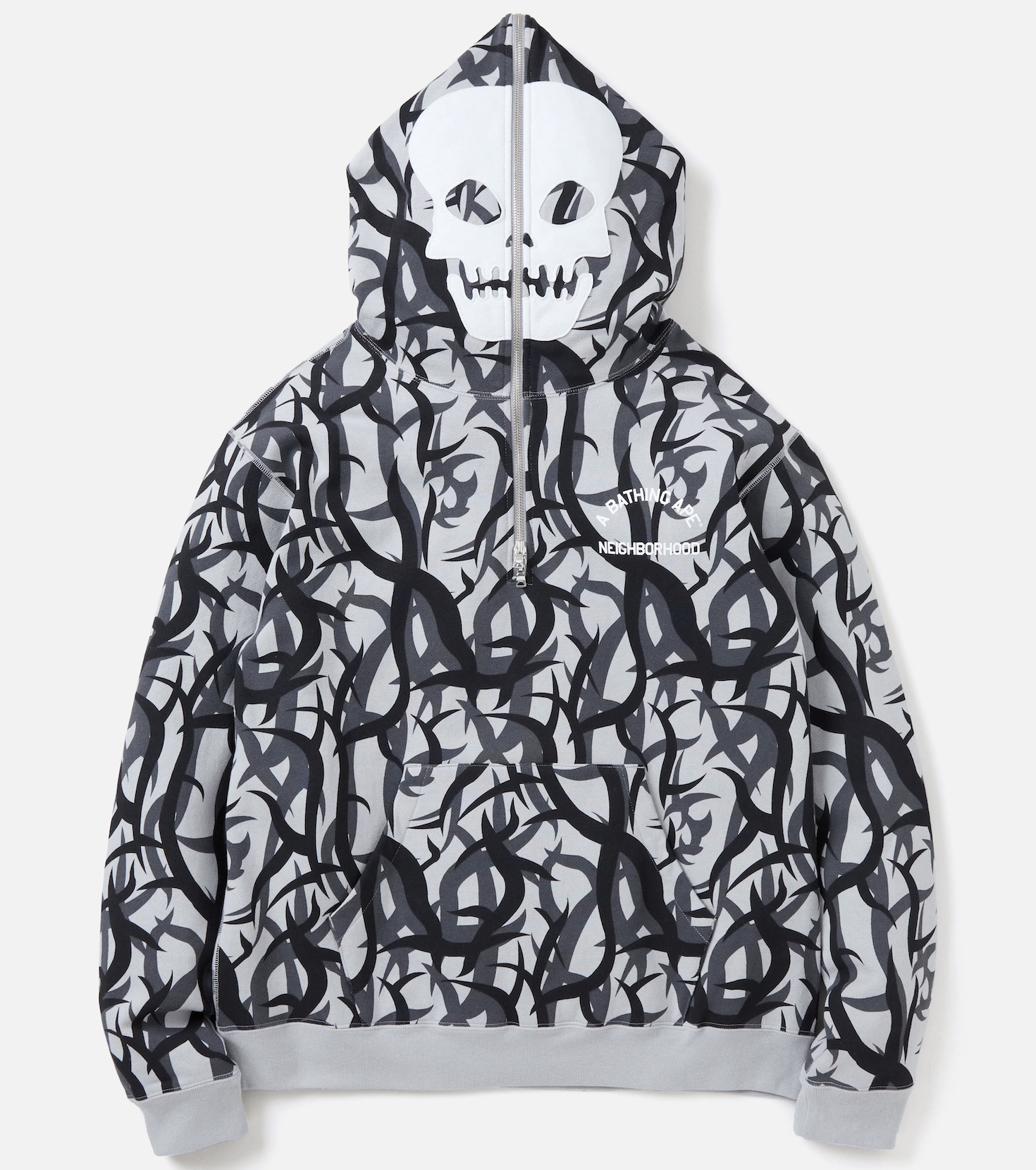 NEIGHBORHOOD X A BATHING APE BAPE HALF ZIP UP HOODIE SWEATSHIRT NBHD 荊棘 鯊魚 骷髏 雙面拉鍊 半開襟 帽Ｔ 聯名 猿人-242NOAPN-CSM07S(1K73114908)