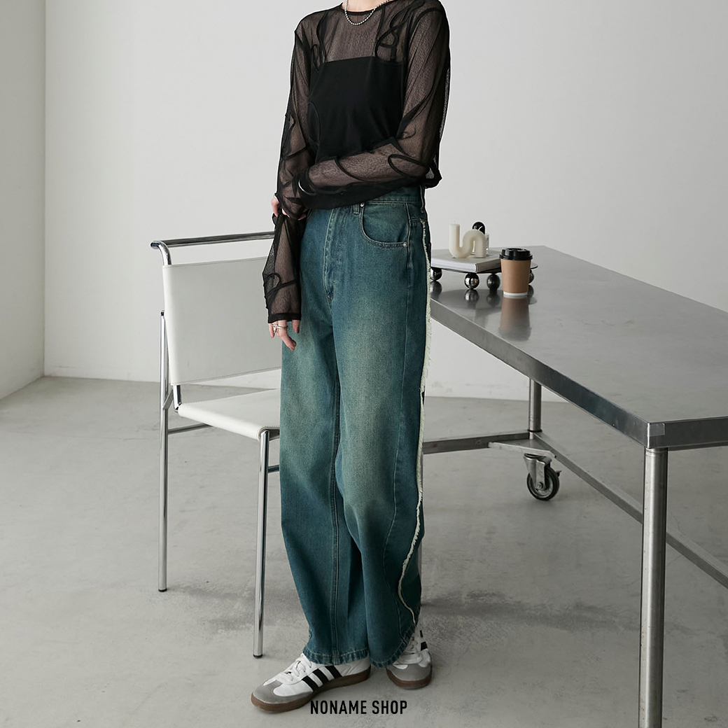 FORKSY. 日本限定 側邊流蘇 水洗 復古 牛仔 寬褲 長褲 牛仔褲 四色 (女款)