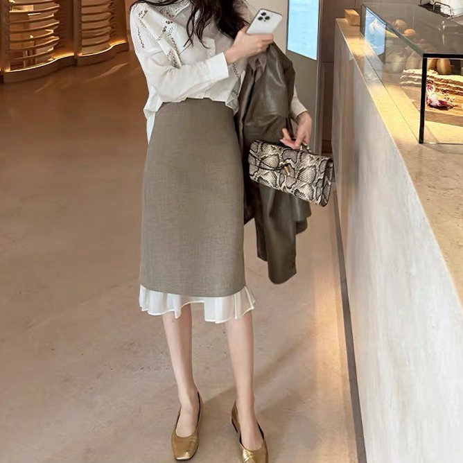 奶茶杏下擺荷葉滾邊造型鉛筆裙XS-L Elegant & Love)