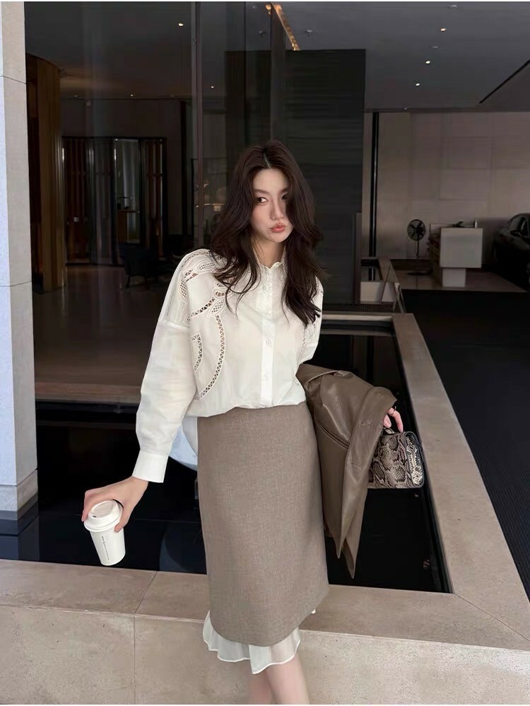 奶茶杏下擺荷葉滾邊造型鉛筆裙XS-L Elegant & Love)