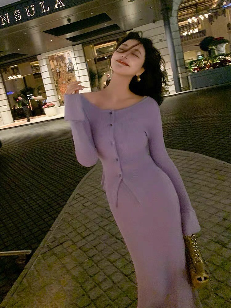 女人味大圓領排釦上衣+彈力包臀長裙SET-S-L / 2色 (Elegant & Love)