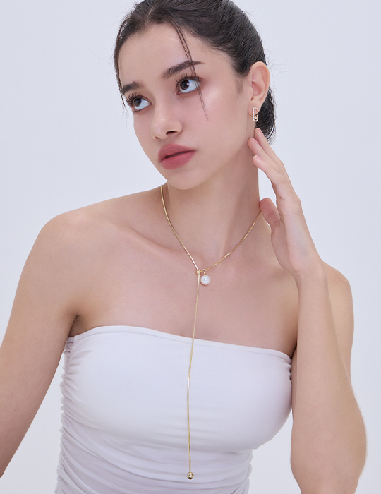 時髦抽繩珍珠項鍊(金)