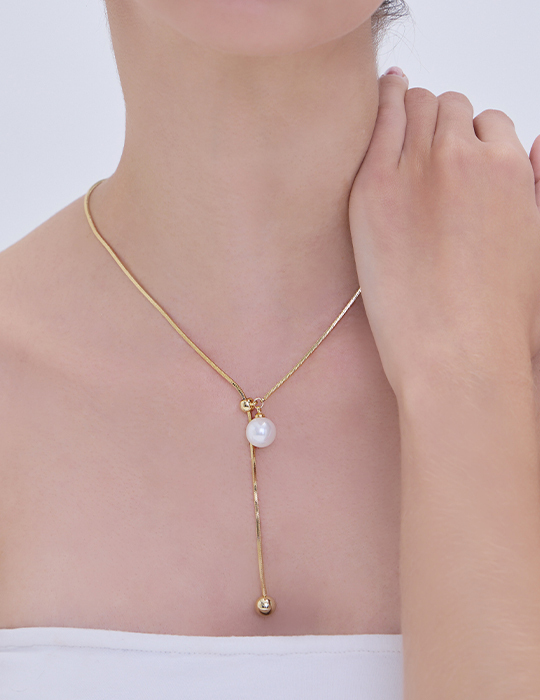 時髦抽繩珍珠項鍊(金)