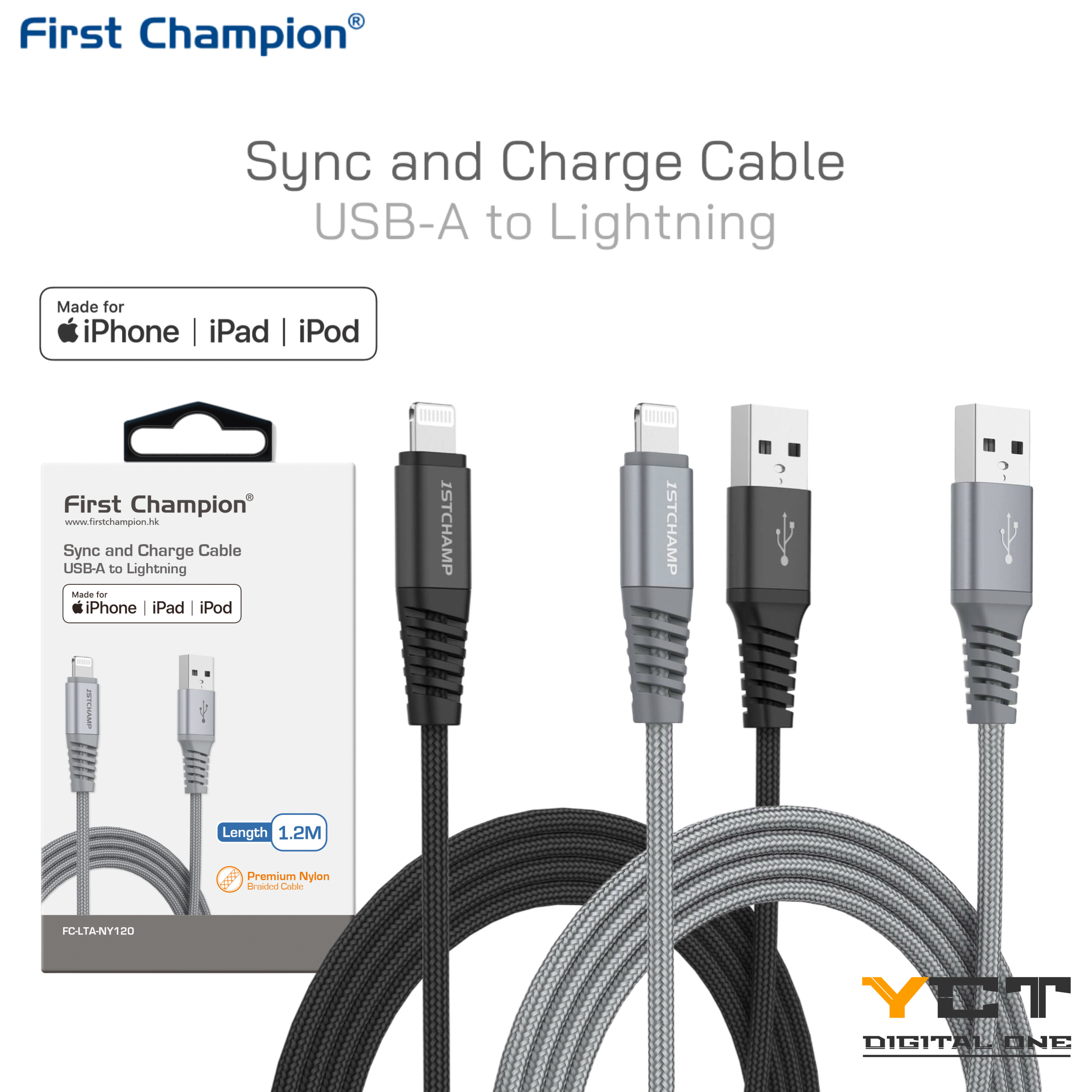 First Champion USB-A 至 Lightning 數據充電線(MFi), 尼龍編織 120cm, LTA-NY120