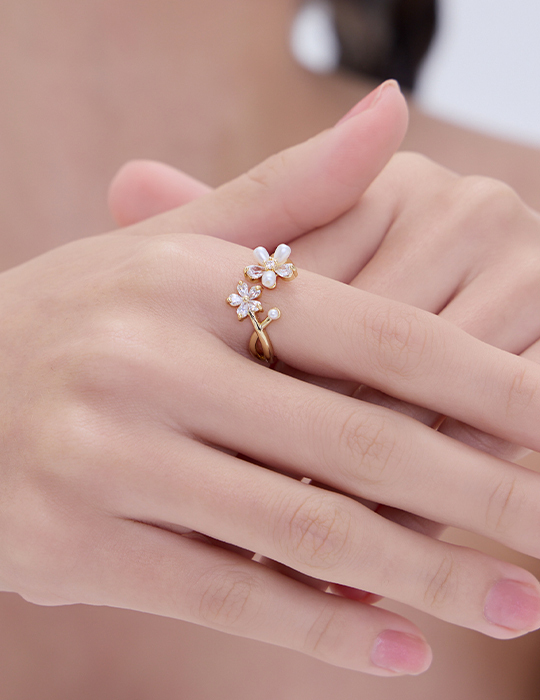 溫柔氣質珍珠花朵可調式戒指
