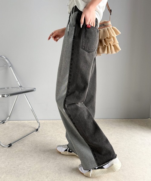 日本🇯🇵連線 JAVA 雙色拼接闊腿牛仔褲 寬褲 淺藍色 炭灰色 (任買兩件711免運)/預購