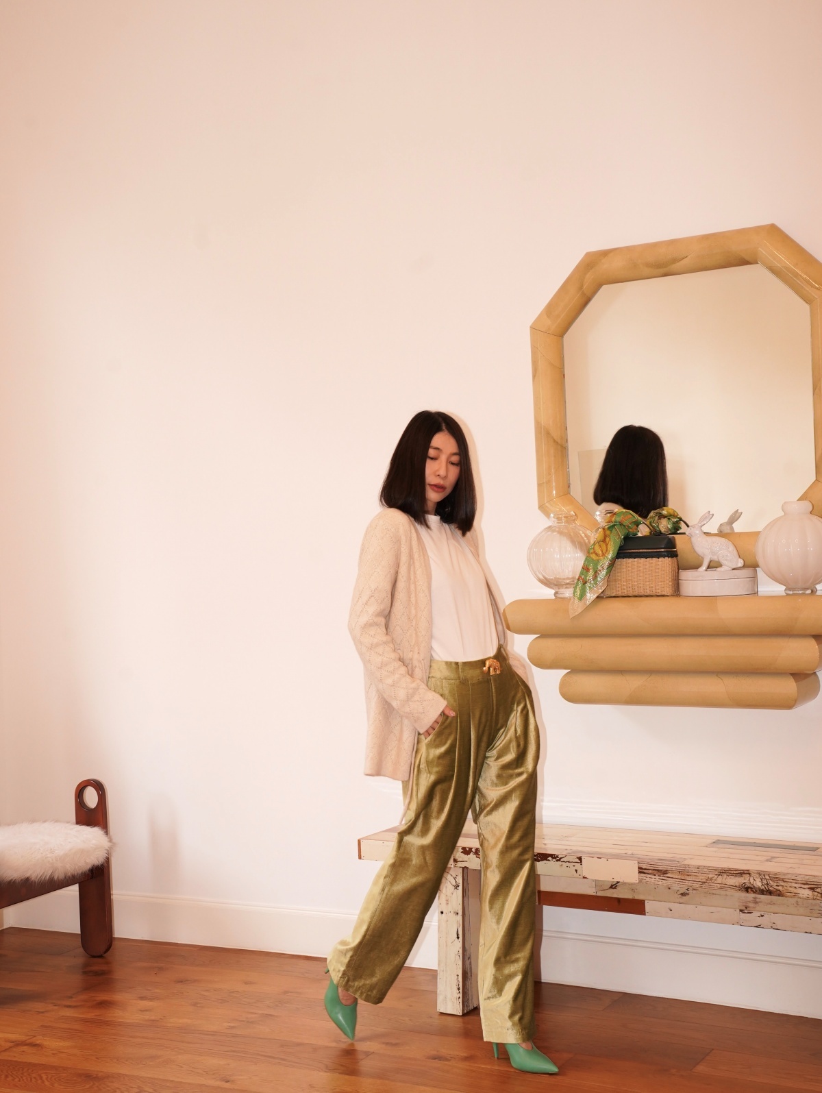 HANAA 早春新款棉質混紡天鵝絨緞面光澤休閒褲