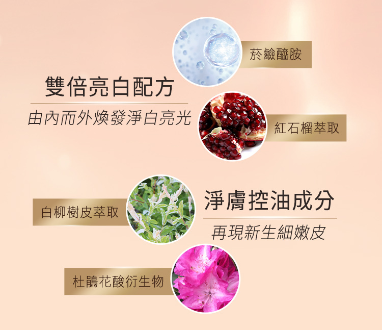 雙倍亮白配方:菸鹼醯胺、紅石榴萃取、由內而外淨白亮光;淨膚控油成分:白柳樹皮萃取、杜鵑花酸衍生物,再現細嫩皮