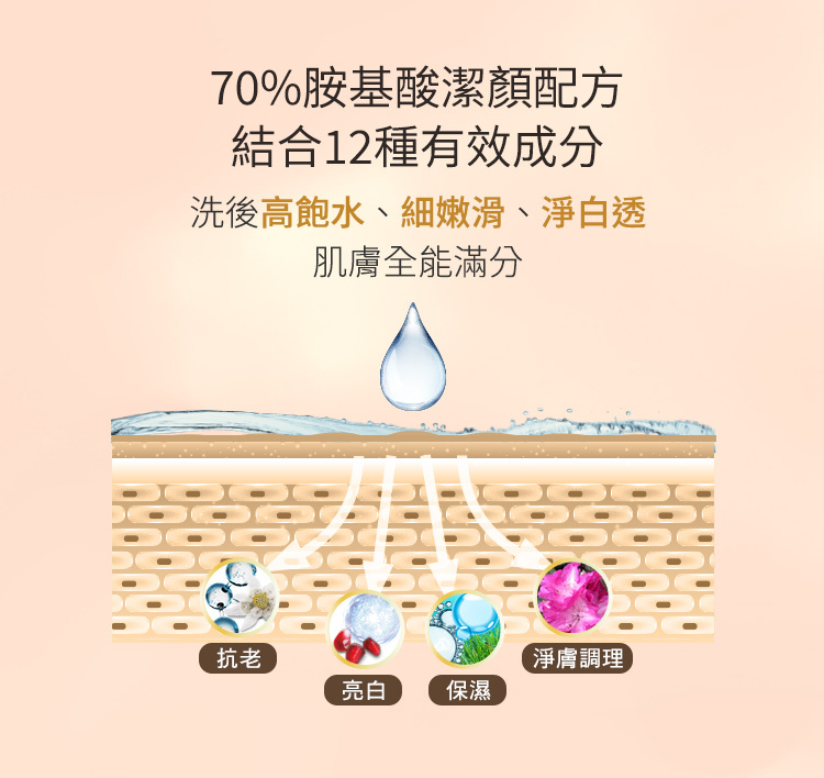 70%胺基酸潔顏配方結合12種有效成分,洗後肌膚高保水、細嫩滑、淨白透