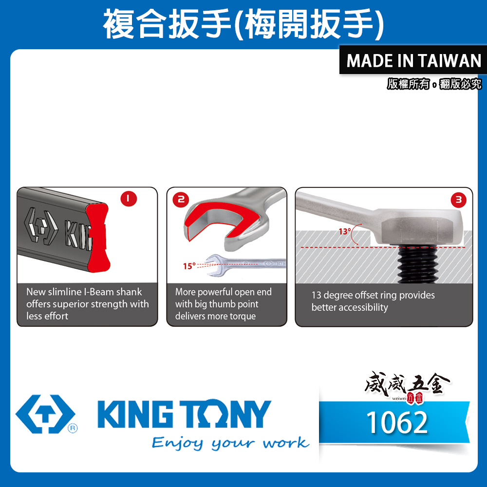 KING TONY 金統立 台灣製｜6-32mm 輕量化複合扳手 梅花開口板手 梅開板手 梅花薄壁｜1062