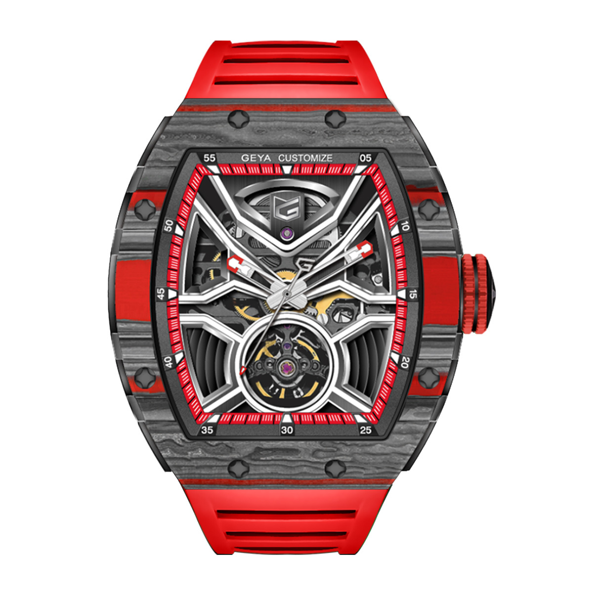 【GEYA格雅】G-MAX黑武士系列 G78076GW 酒桶款 雙面鏤空 碳纖維 不鏽鋼 機械 手錶