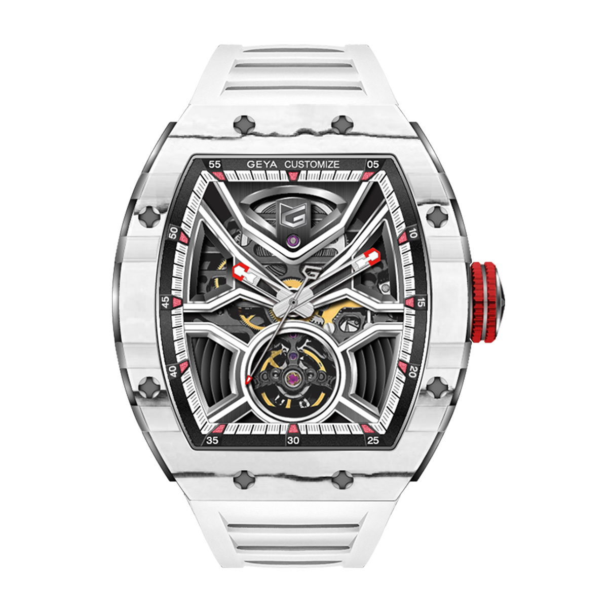 【GEYA格雅】G-MAX黑武士系列 G78076GW 酒桶款 雙面鏤空 碳纖維 不鏽鋼 機械 手錶