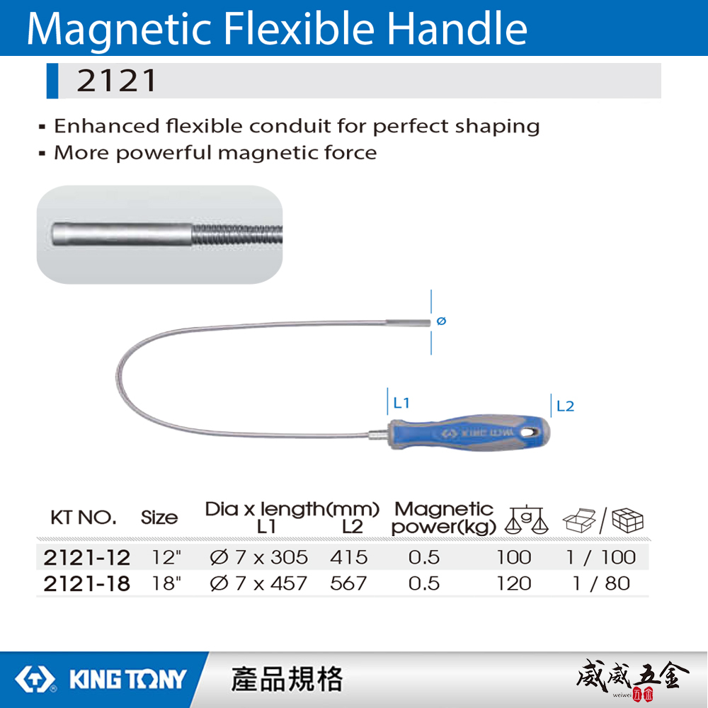 KING TONY 金統立 台灣製｜1/4" 軟管磁性起子 金屬強力磁性起子｜2121-12｜2121-18｜台灣製｜公司貨