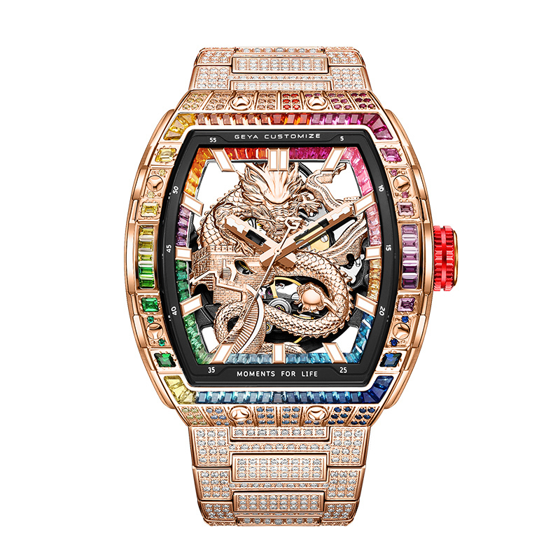 【GEYA格雅】長城龍系列 G78193GH 酒桶款 雙面鏤空 祥龍 晶鑽 機械 手錶
