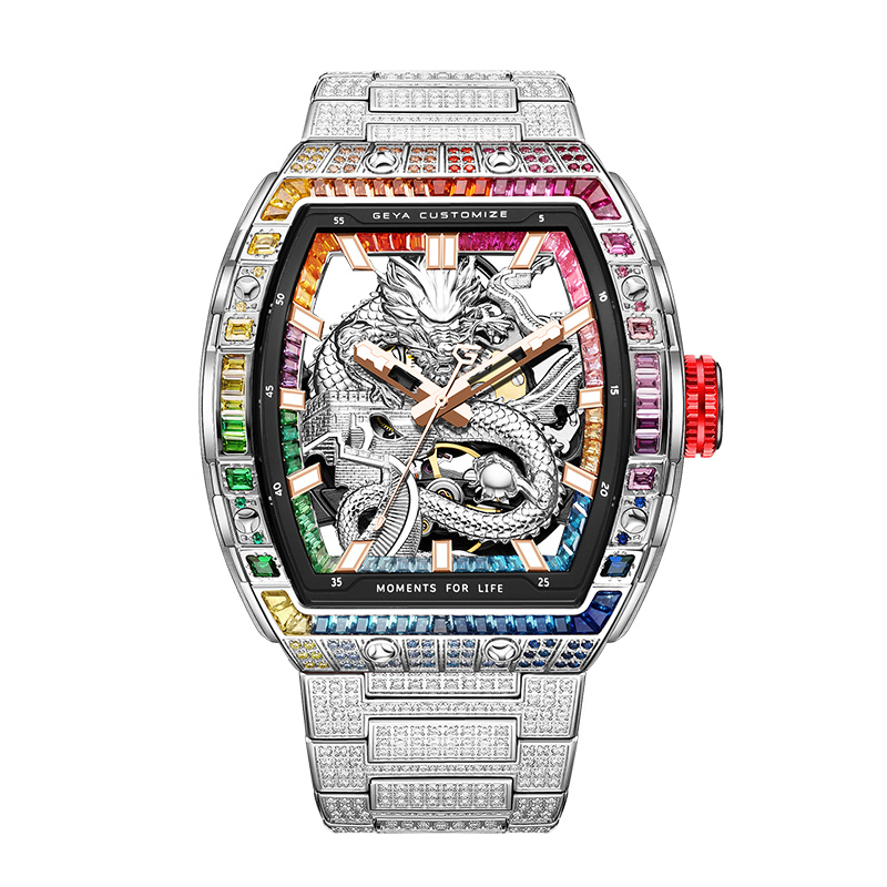 【GEYA格雅】長城龍系列 G78193GH 酒桶款 雙面鏤空 祥龍 晶鑽 機械 手錶