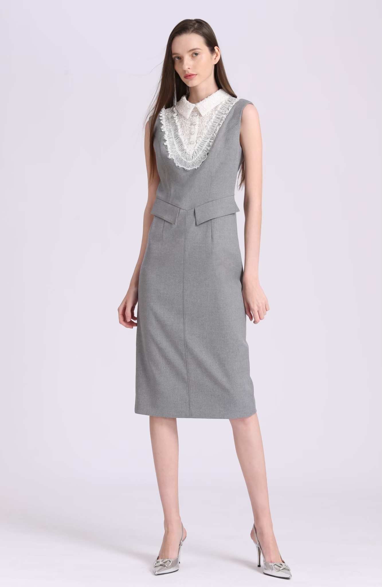 BD15103E1 秩序與蕾絲拼接無袖洋裝