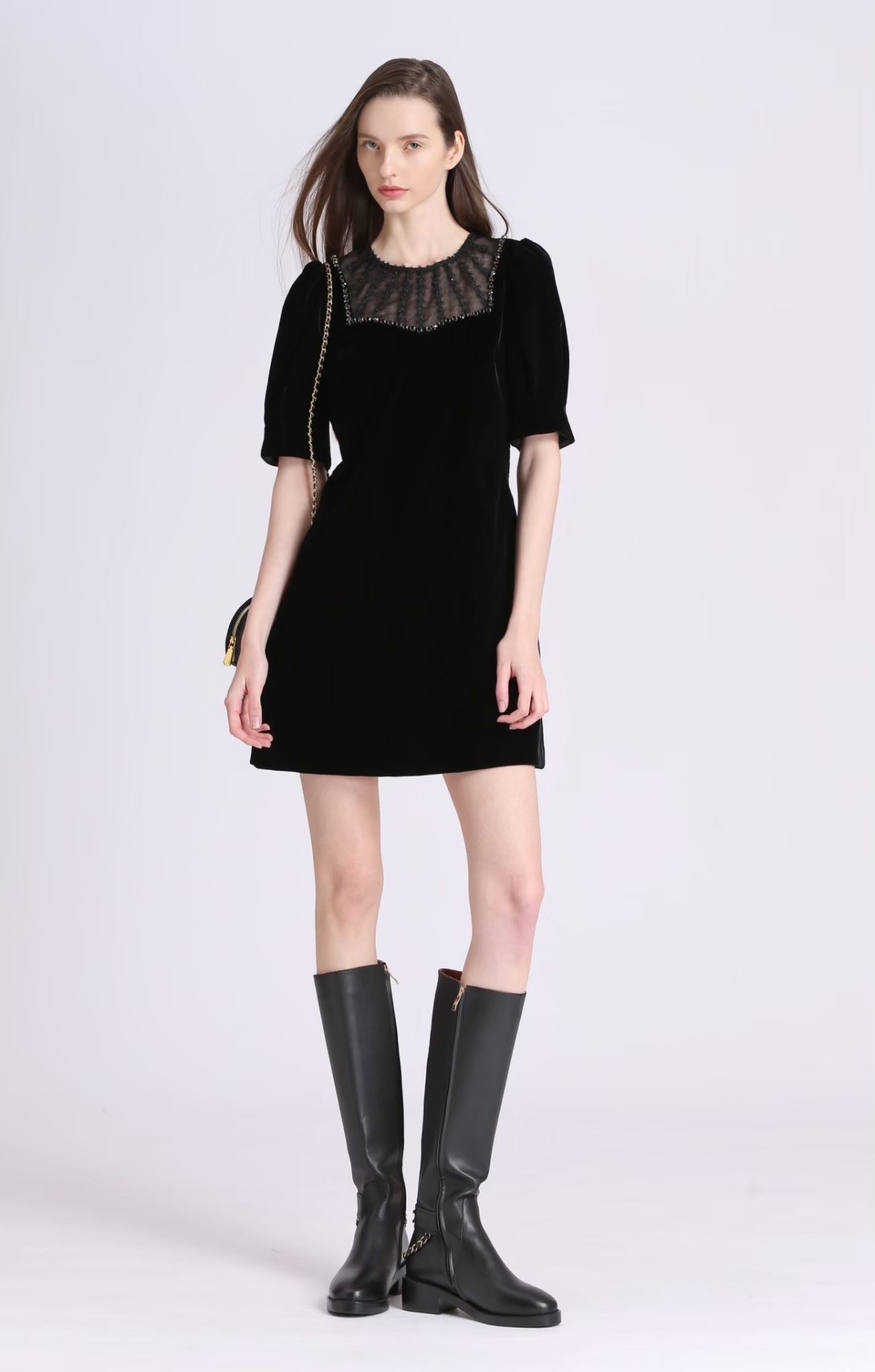 BD15032E1 夜幕珍珠絲絨靜影短袖A字洋裝