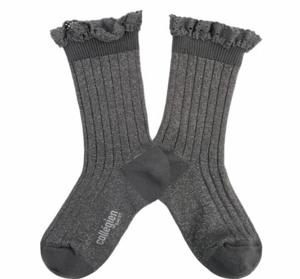 COLLEGIEN 金蔥荷葉邊襪 Victorine - Gris Galet岩灰