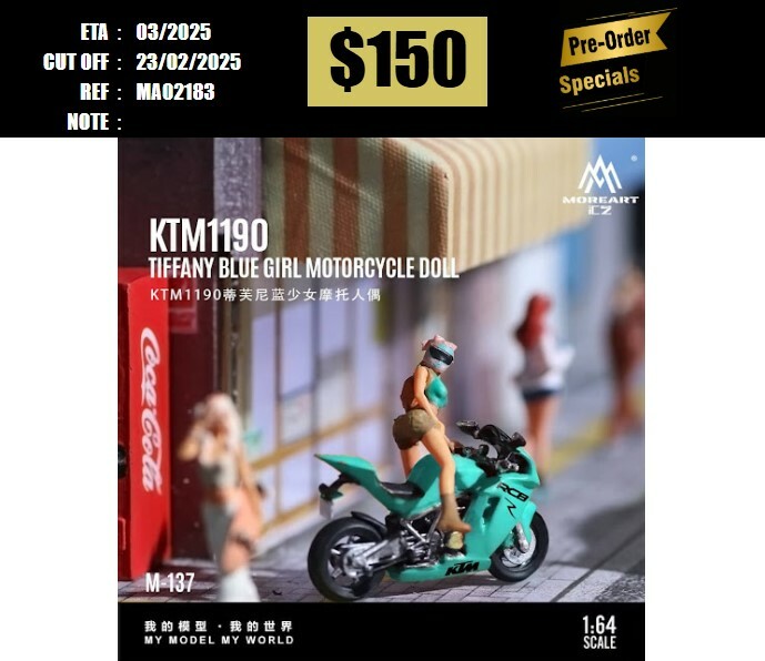 PO-$150 * MOREART * 1:64 FIGURE - KTM1190 TIFFANY BLUE GIRL MOTORCYCLE DOLL [OD18/02]