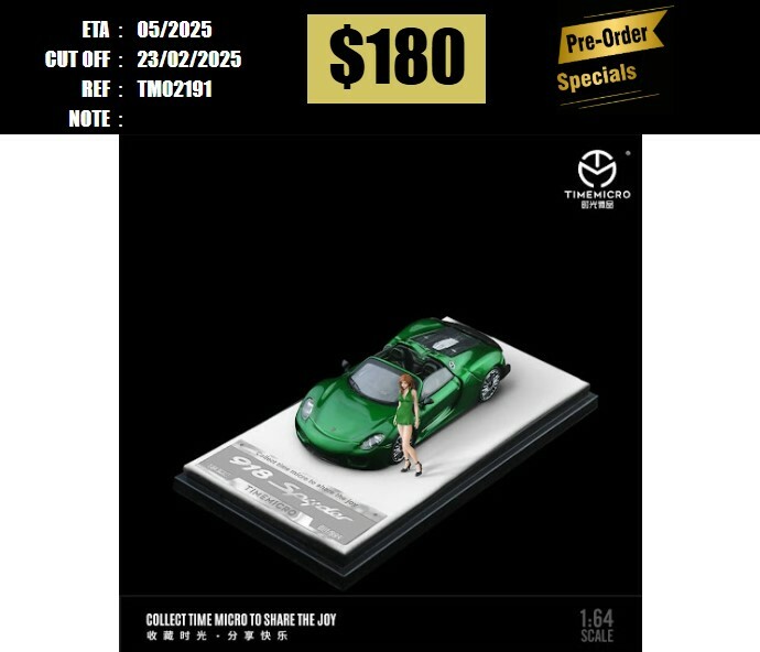 PO-$180 * TIME MICRO * 1:64 PORSCHE 918 SPYDER METALLIC GREEN W/FIGURE [OD18/02]