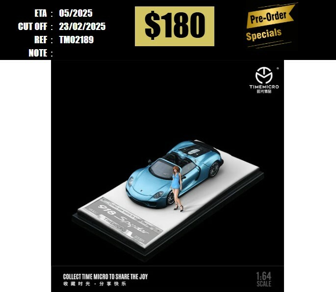 PO-$180 * TIME MICRO * 1:64 PORSCHE 918 SPYDER FLASH BLUE W/FIGURE [OD18/02]