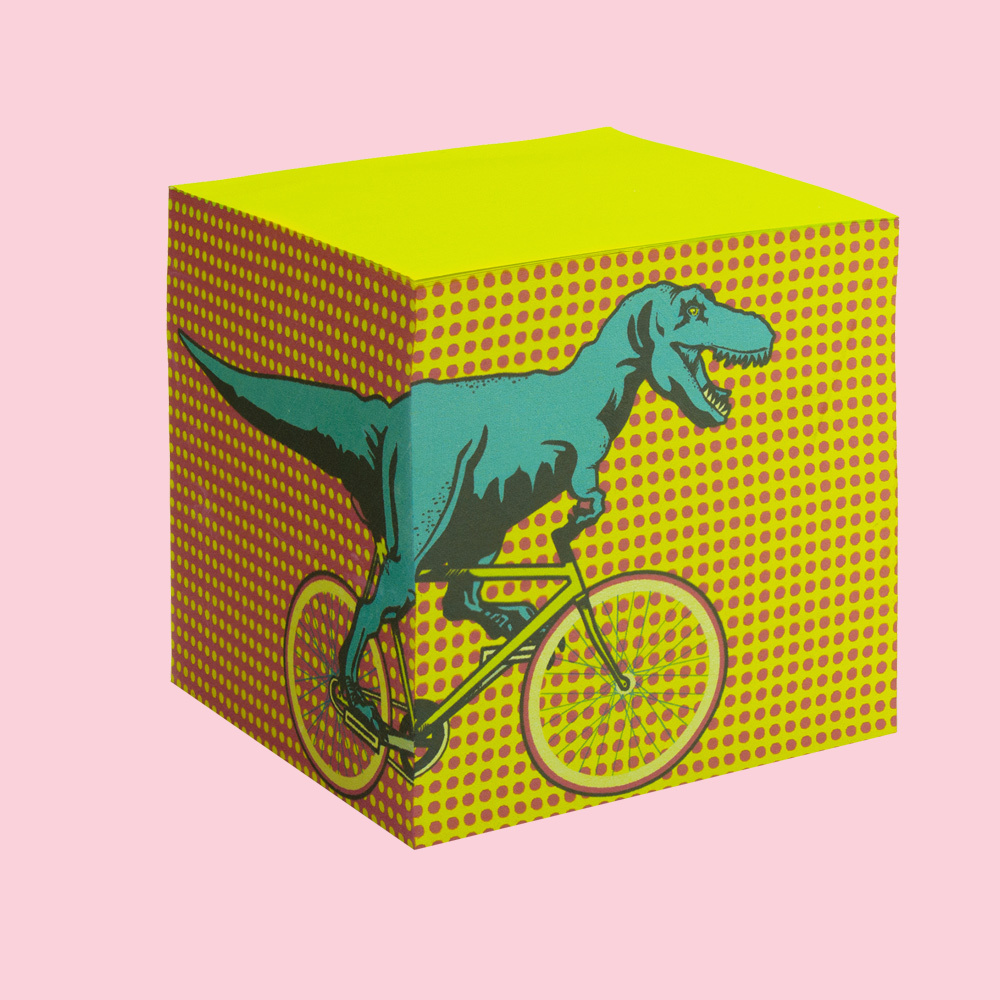 Mustard sticky notes - Tyrannosaurus riding a bicycle