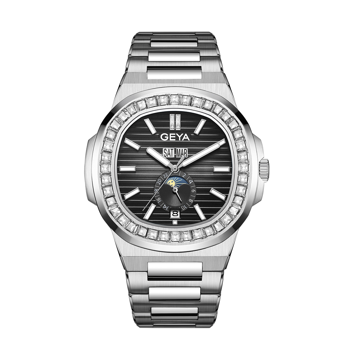 【GEYA格雅】G78092GWKS 40顆晶鑽錶圈 鏤空錶蓋 日月星辰 日期/星期/月份顯示 夜光 機械 不鏽鋼錶帶 手錶