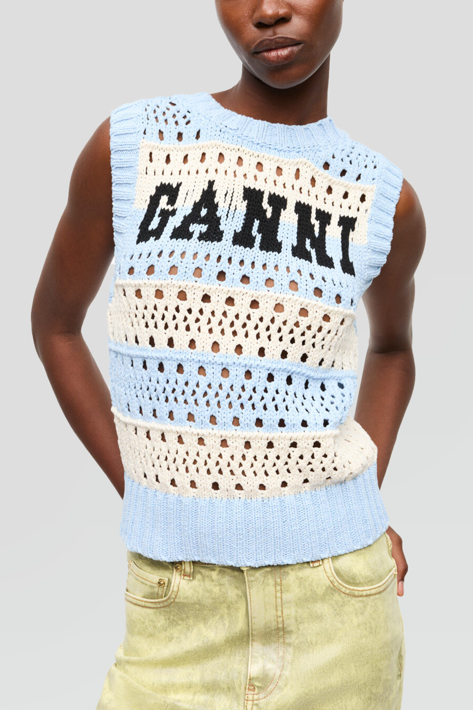 GANNI｜STRIPED 條紋LOGO鏤空鉤織背心