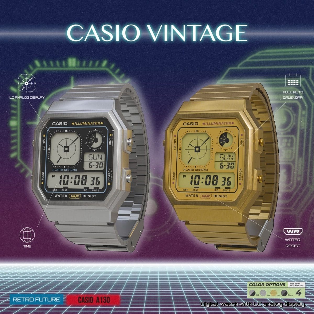CASIO A130WE-1A 銀色 雙顯示 長方形 復古錶
