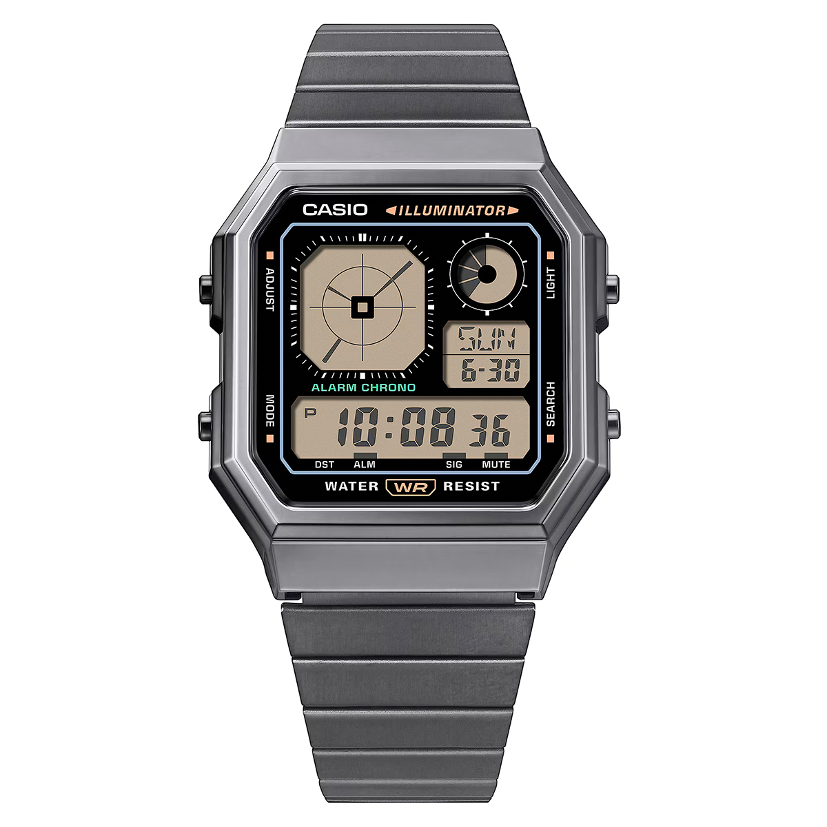 CASIO A130WEGG-1A 槍灰色 雙顯示 長方形 復古錶
