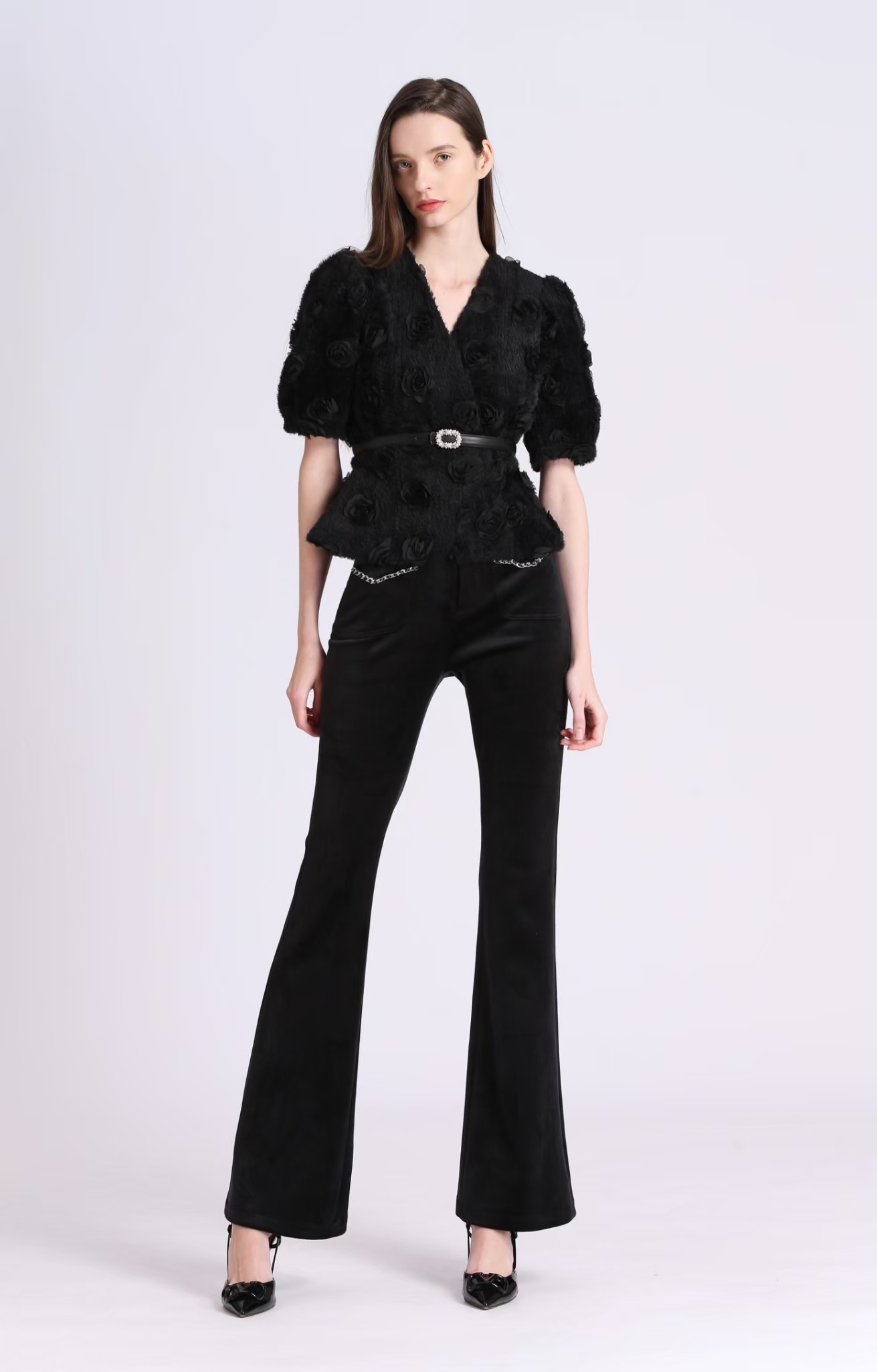 BD15039A1 時光之旅黑絨玫瑰收腰交疊上衣