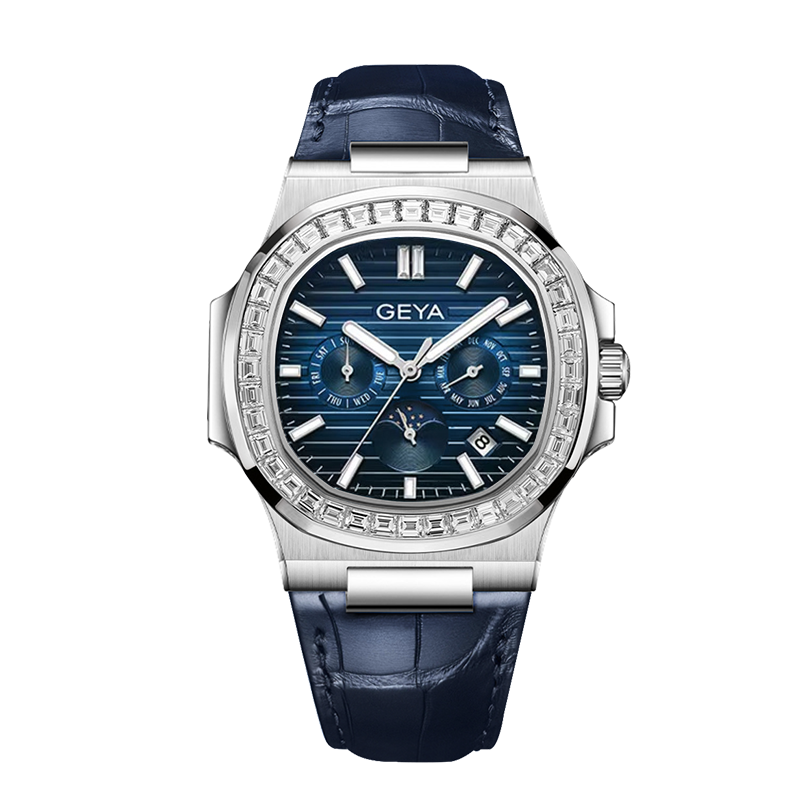 【GEYA格雅】G78095GWBB 三眼 40顆晶鑽錶圈 鏤空錶蓋 日月星辰 星期/月份顯示 夜光 機械 皮革錶帶 手錶