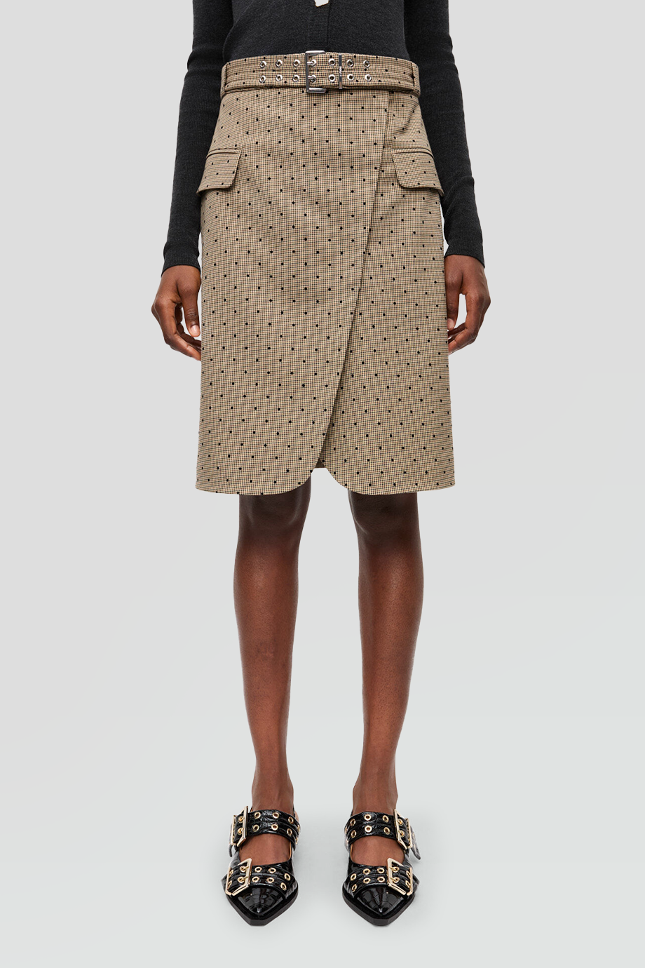 GANNI｜FLOCK 腰帶裝飾絨點格紋直筒裙