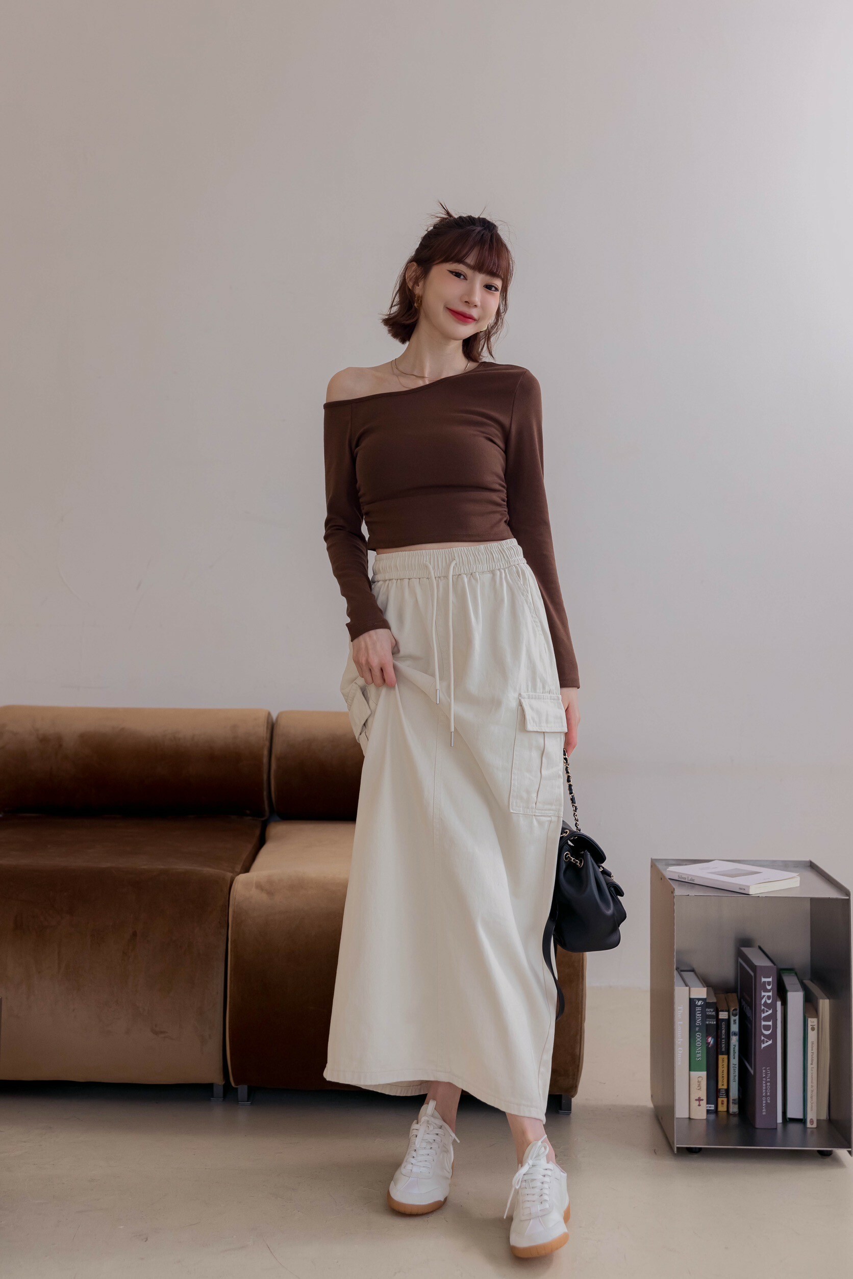 （現貨）#N105 挺版工裝抽繩長裙(杏/卡其)