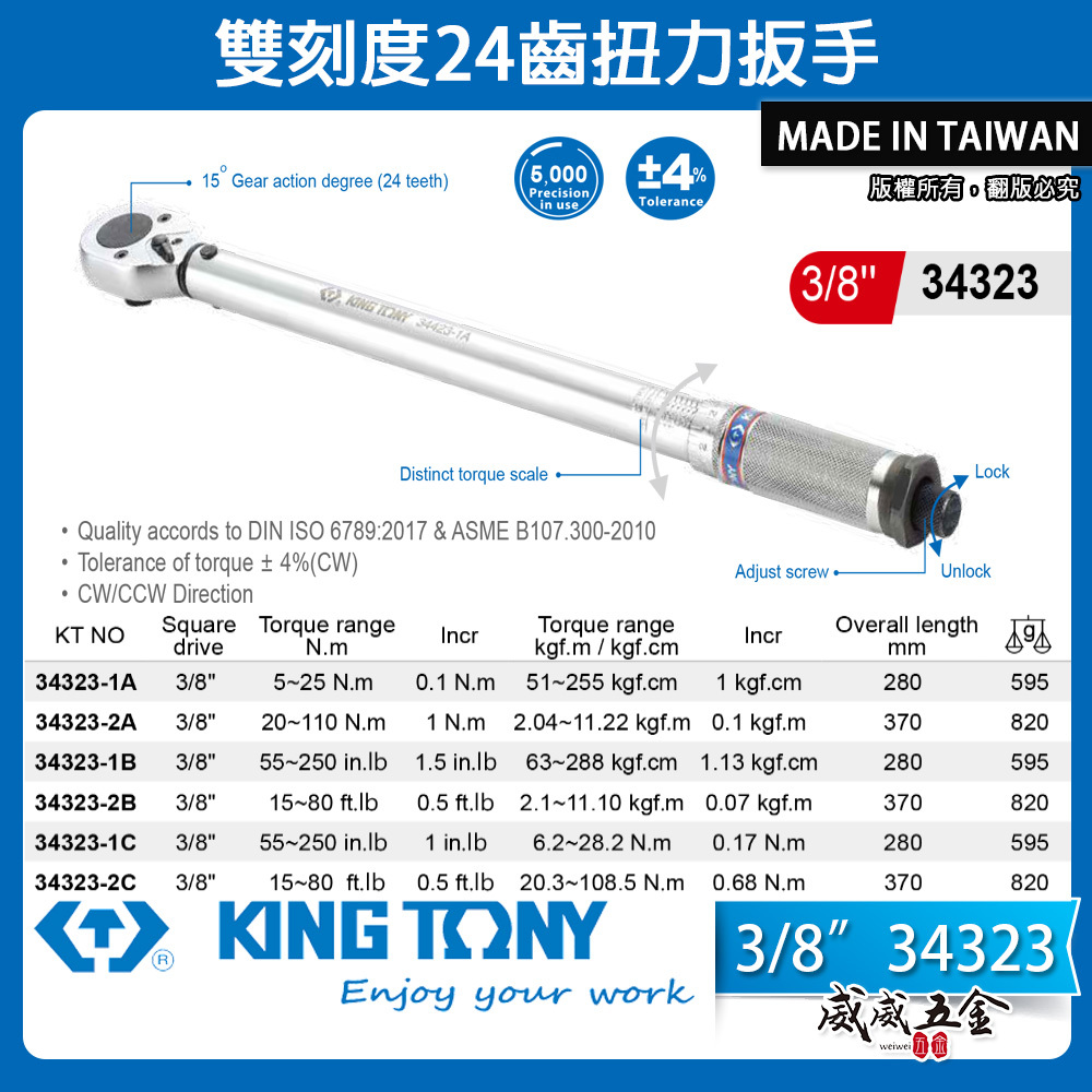 KING TONY 金統立｜3/8" 三分 3分｜正逆轉-扭力板手｜34323｜雙刻度24齒扭力扳手｜台灣製｜34323-1A｜34323-2A｜34323-1B｜34323-2B｜34323-1C｜34323-2C