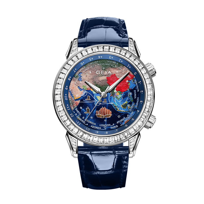 【GEYA格雅】航海家系列-世界時間錶 G78121GWB/G78121GHB 晶鑽錶殼錶扣 航海船標誌鏤空錶蓋 附快拆真皮錶帶 機械 手錶