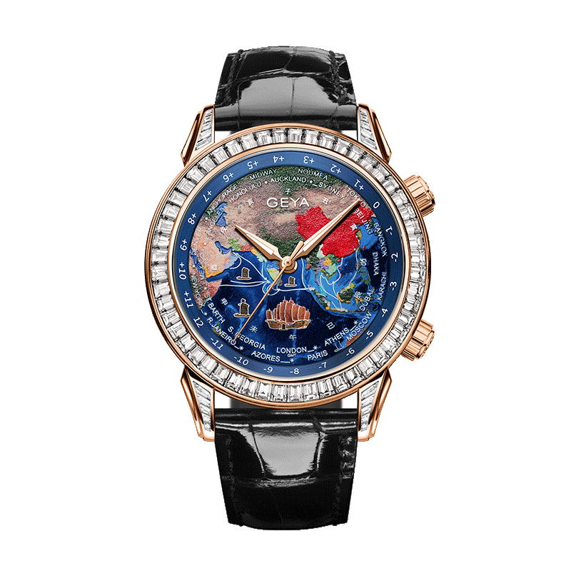 【GEYA格雅】航海家系列-世界時間錶 G78121GWB/G78121GHB 晶鑽錶殼錶扣 航海船標誌鏤空錶蓋 附快拆真皮錶帶 機械 手錶