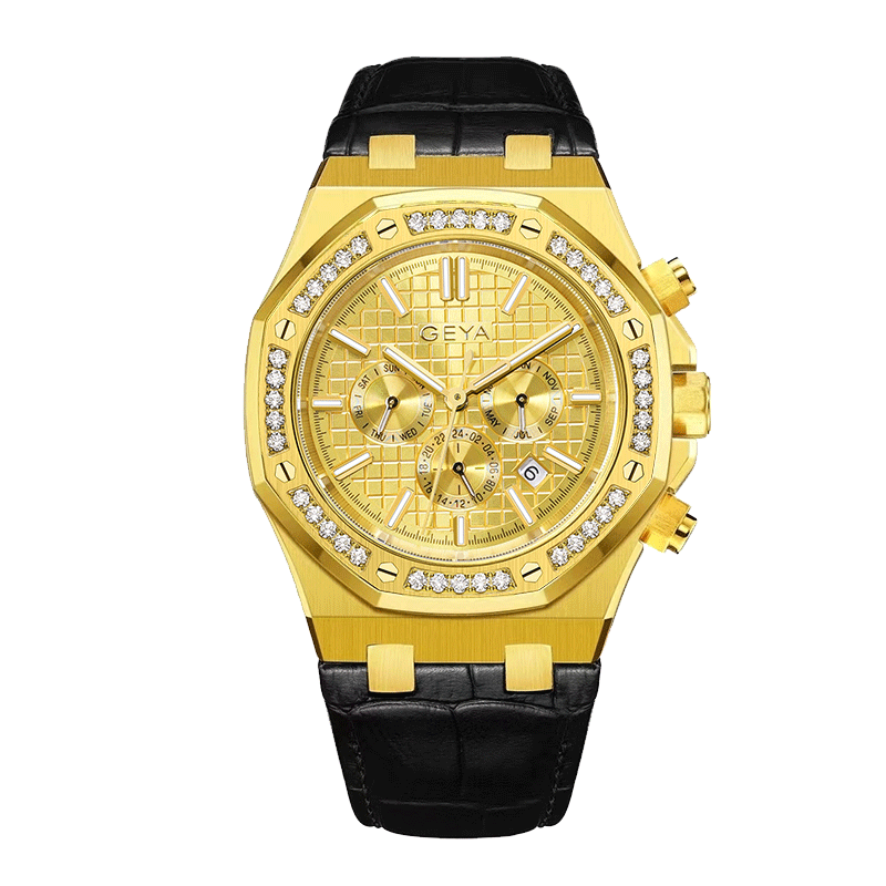【GEYA格雅】G78122GYY 三眼 40顆晶鑽錶圈 錶蓋鏤空 22顆寶石軸承 日期顯示 夜光 機械 手錶