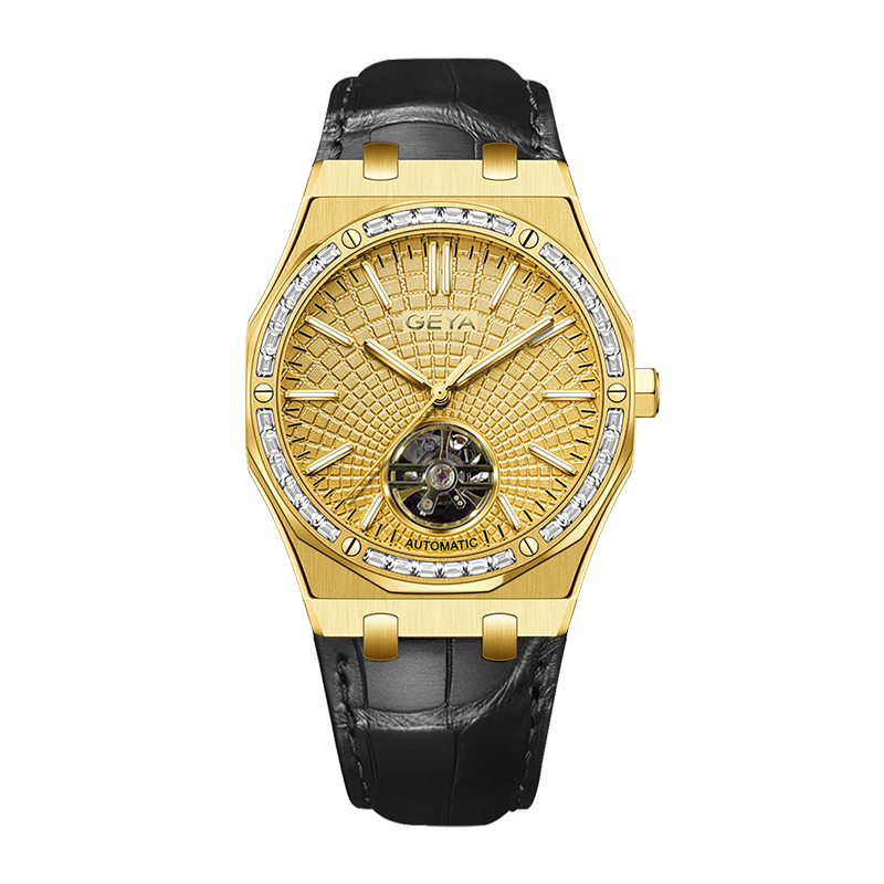 【GEYA格雅】G78123GYY 36顆晶鑽錶圈 雙面鏤空 夜光指針刻度 機械 手錶