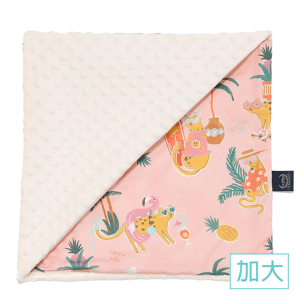 La Millou波蘭 單面巧柔豆豆毯加大｜石虎渡假中(粉底)｜雲朵白