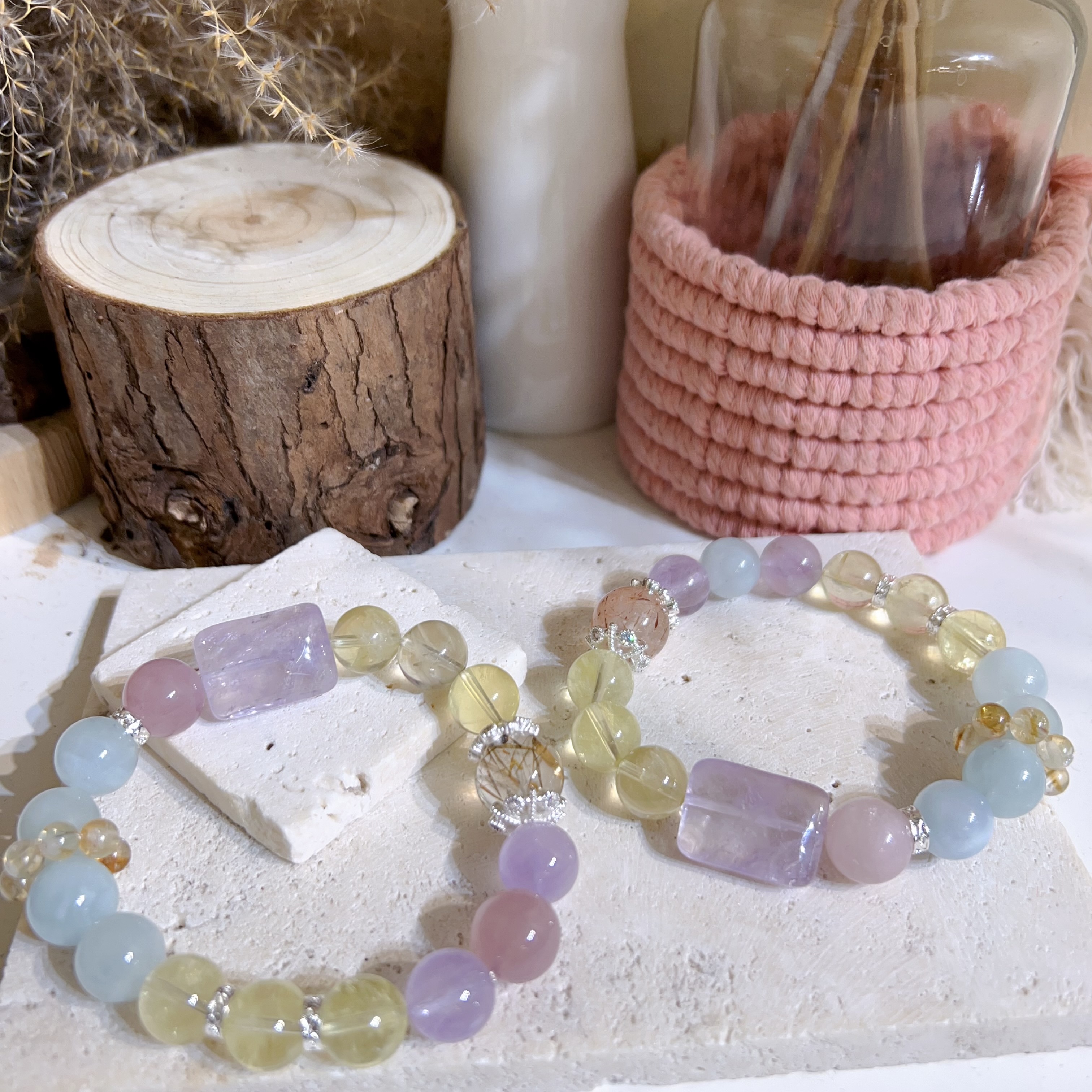 黑金超拼紫水晶粉晶黃水晶海藍寶DIY手串 10+mm