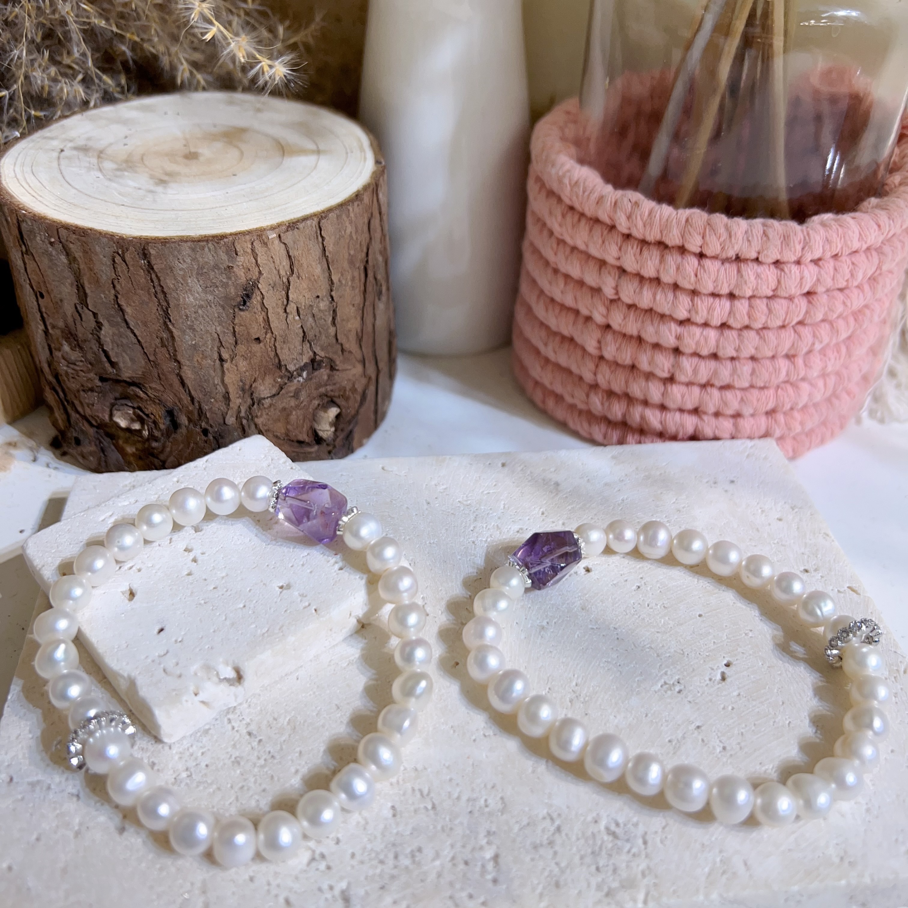 天然珍珠拼紫水晶手串 6mm