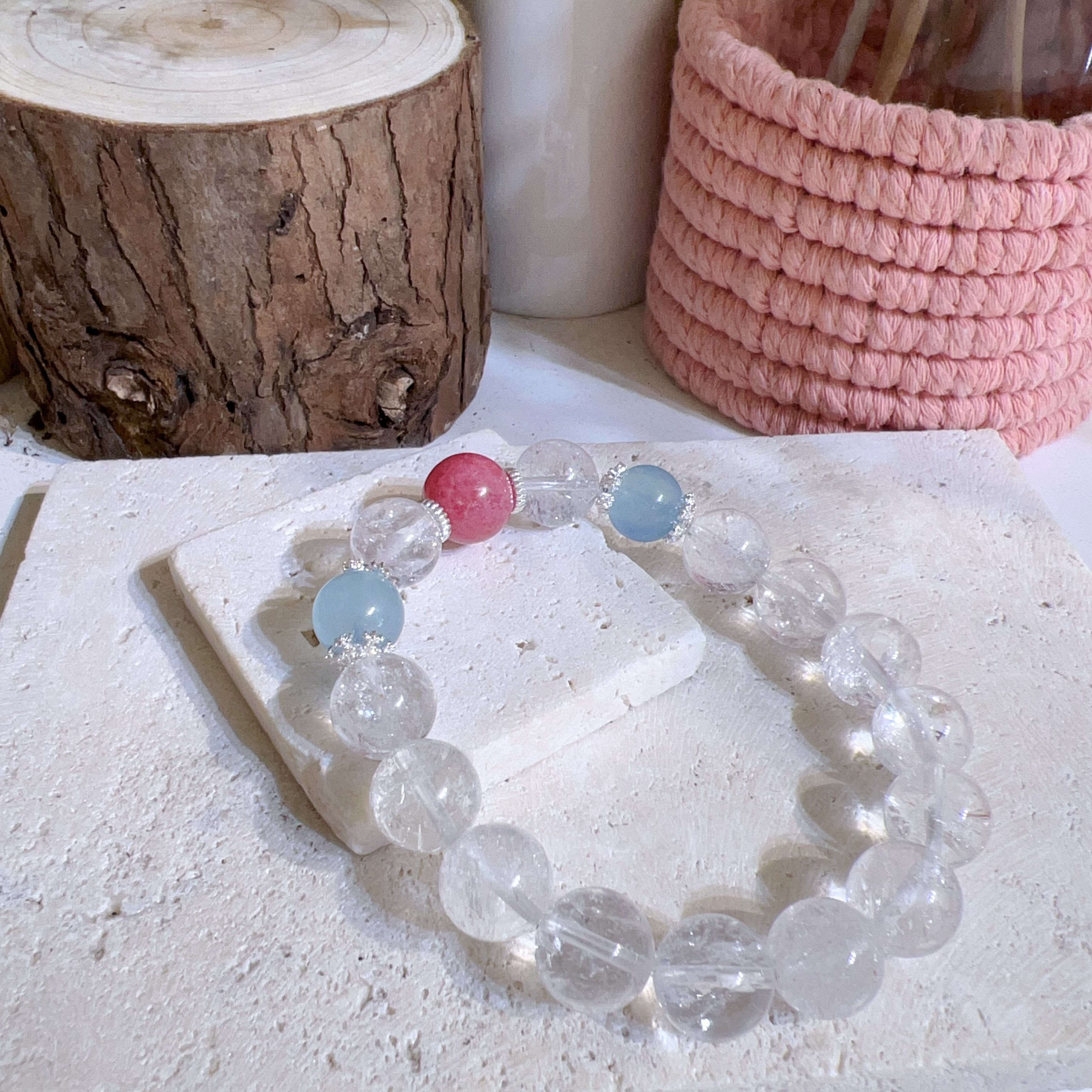 薔薇輝石拼海藍寶晶中晶DIY 手串 11mm