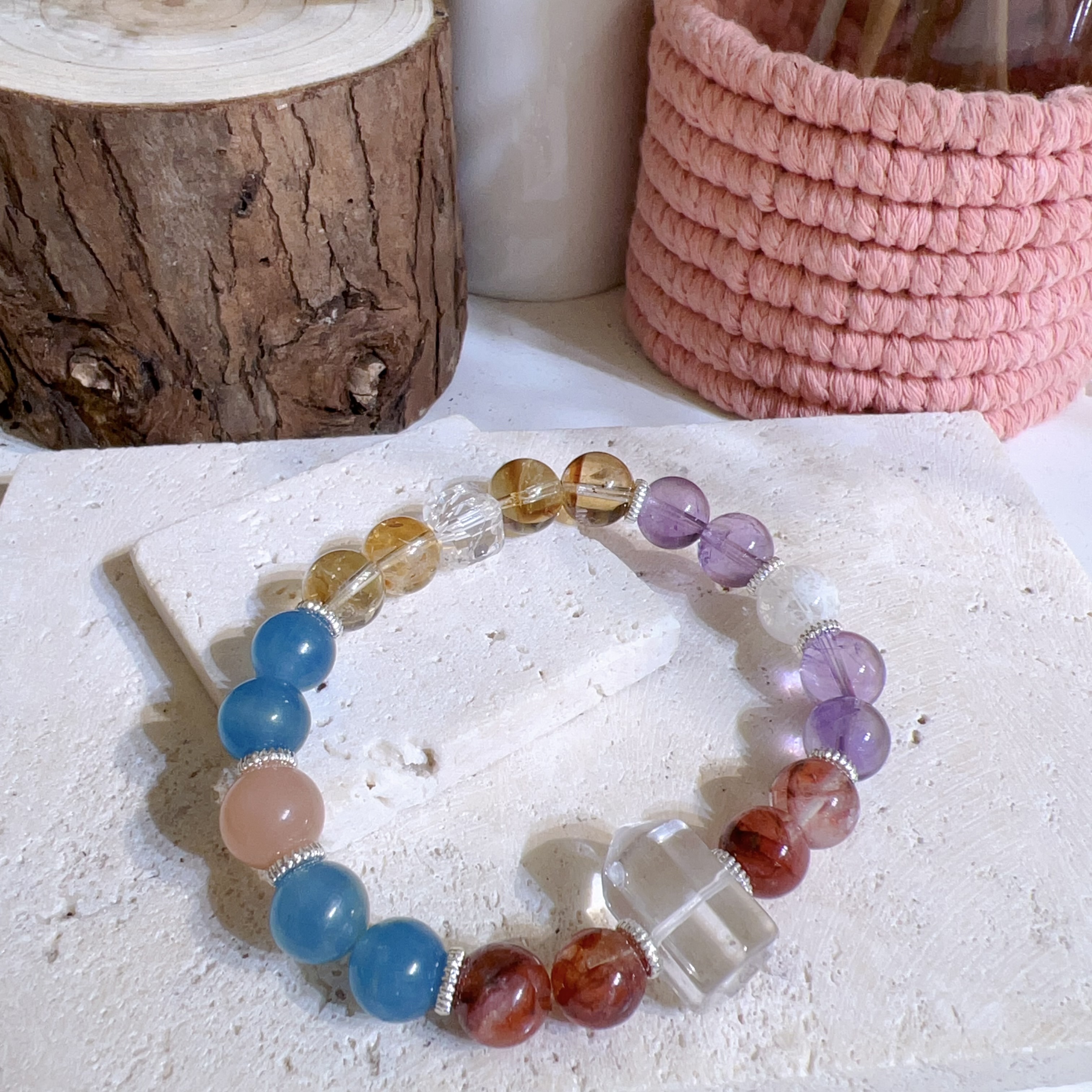 紫水晶拼紅膠花塘心黃水晶藍瑩石白水晶隔珠 DIY設計手串 9+mm