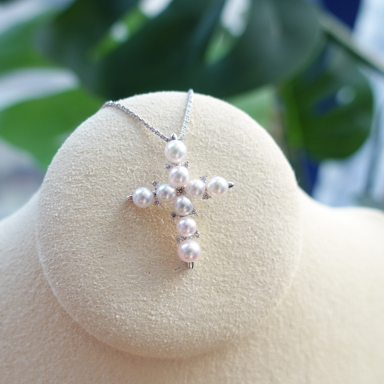 18K金日本Akoya珍珠鑽石吊墜 - 十字架