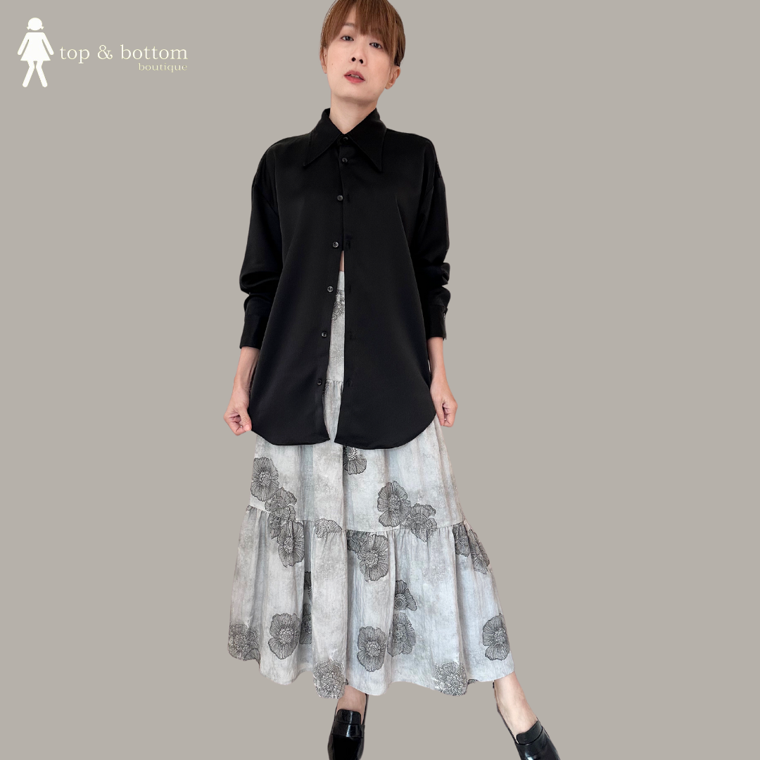 LONG SLEEVE SATIN LONG SHIRT WITH LACE BACK