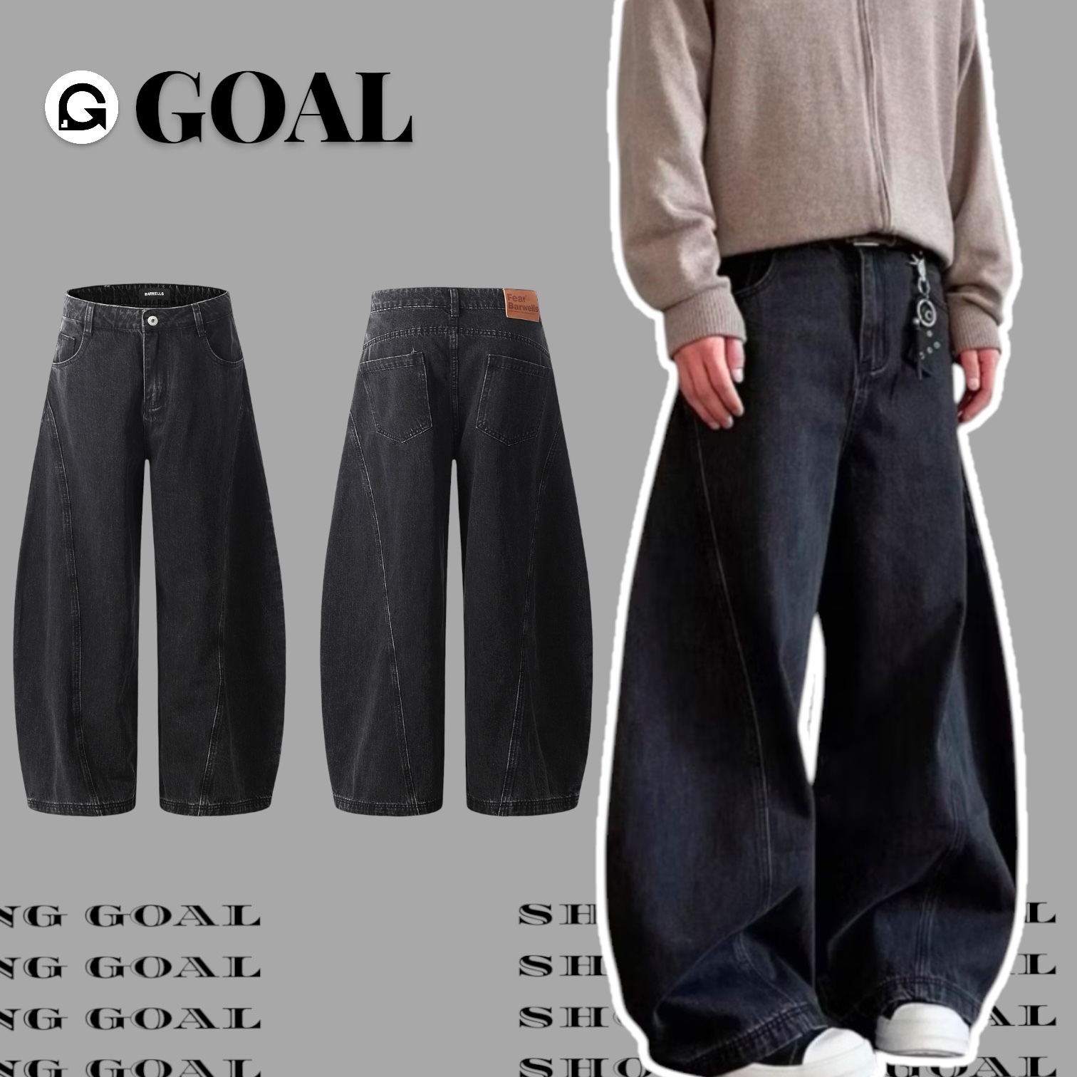 (GOAL)八尾 解構做舊 黑色彎刀褲 24148