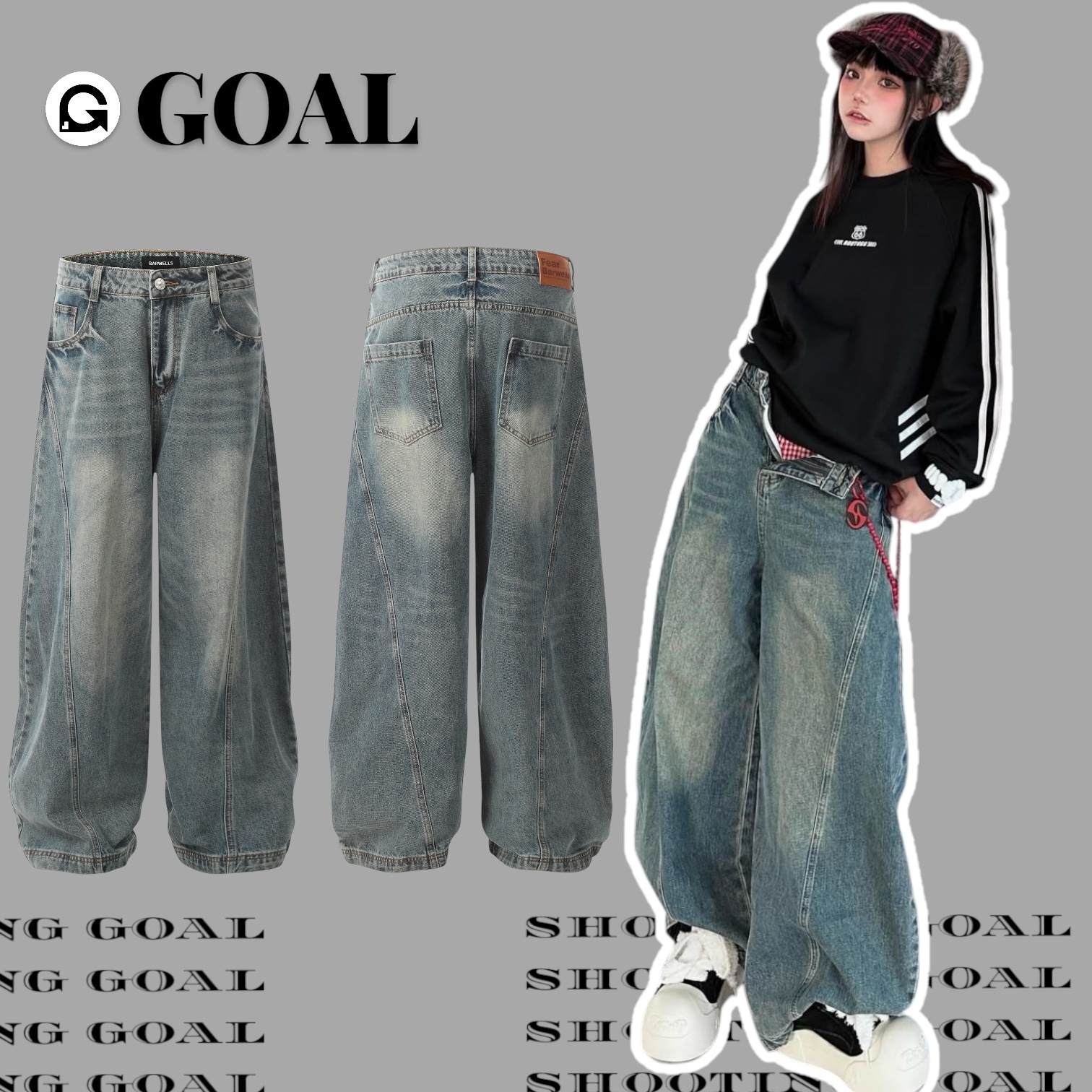 (GOAL) 八尾 彎刀褲 擴腿褲 水洗刷色 24128