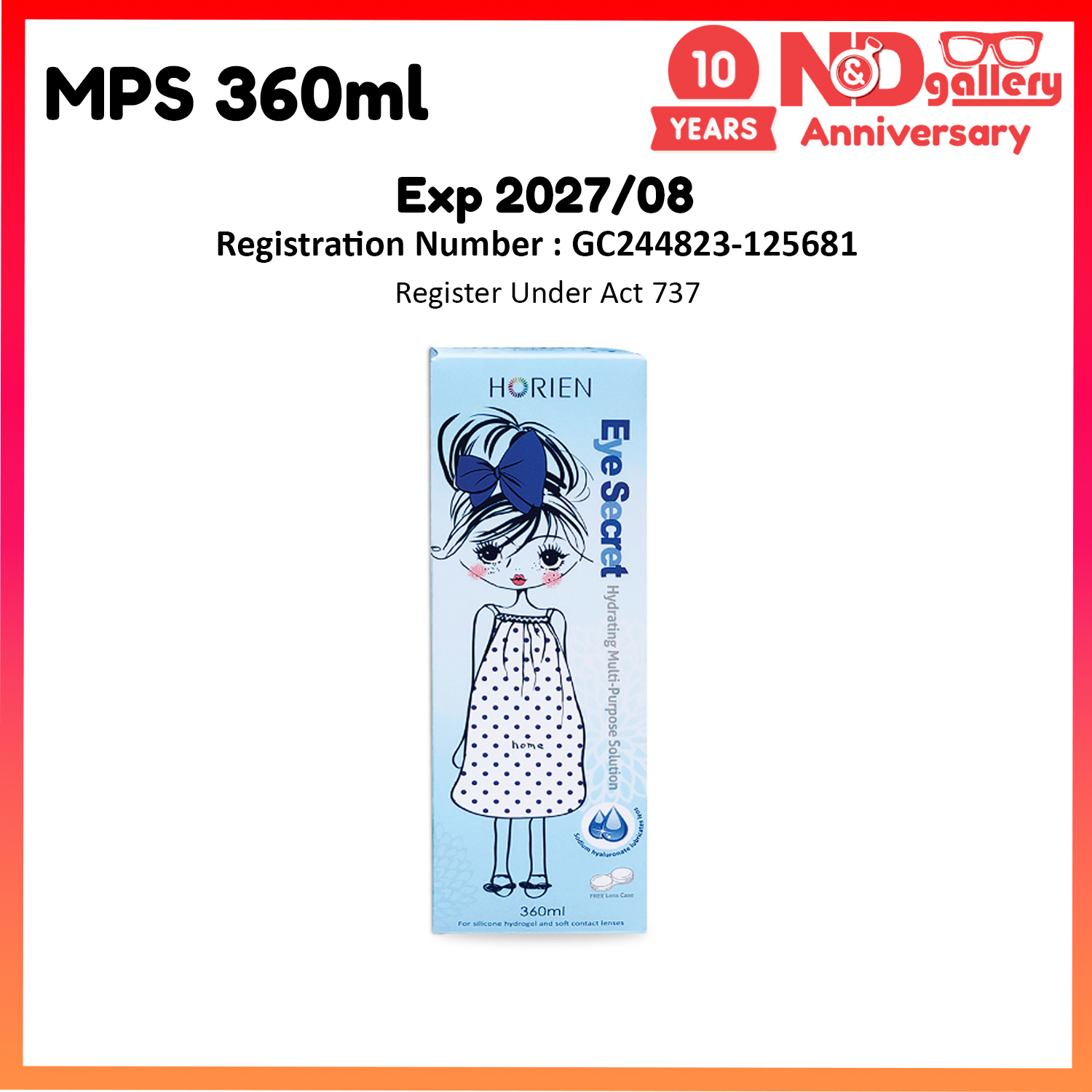 Horien Eye Secret 360ml Multi Purpose Solution With Ha+ Blue Box ( for contact lens ) , Suitable for silicone hydrogel lens